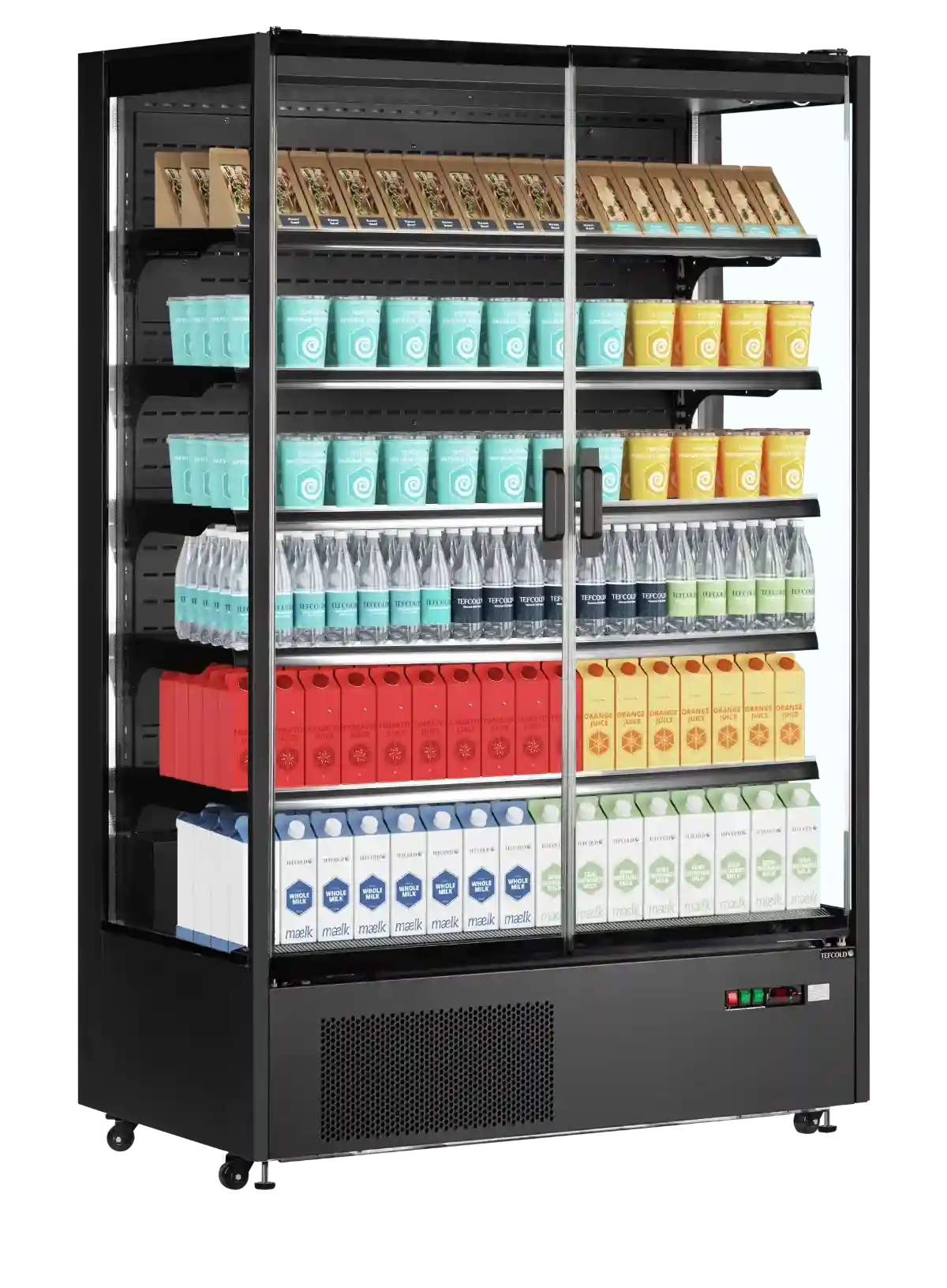 TEFCOLD PC1250B Väggkyl fylld med dryck och mejerivaror.