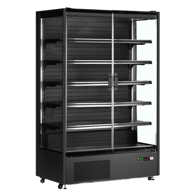 Tom TEFCOLD PC1250B Väggkyl med dubbla glasdörrar och LED-belysning.