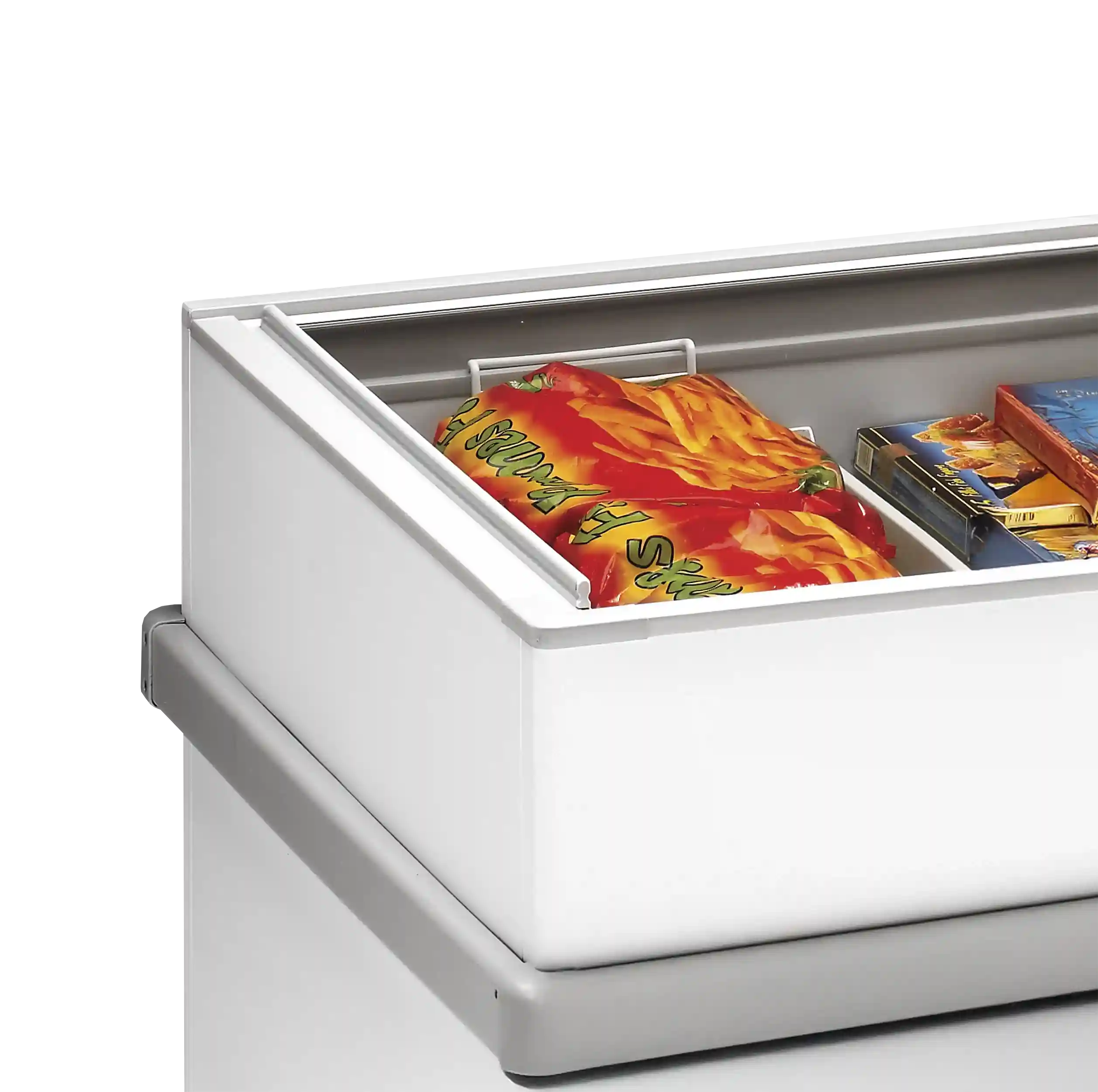 Närbild på TEFCOLD SSF250 frysbox med frysta varor