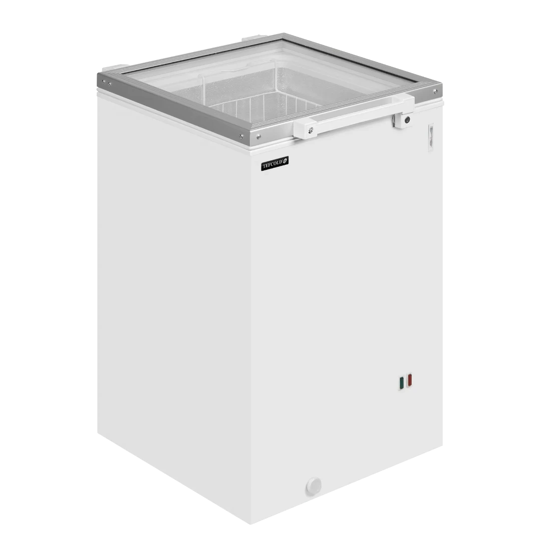 TEFCOLD ST160 Frysbox med glaslock i stängt läge.