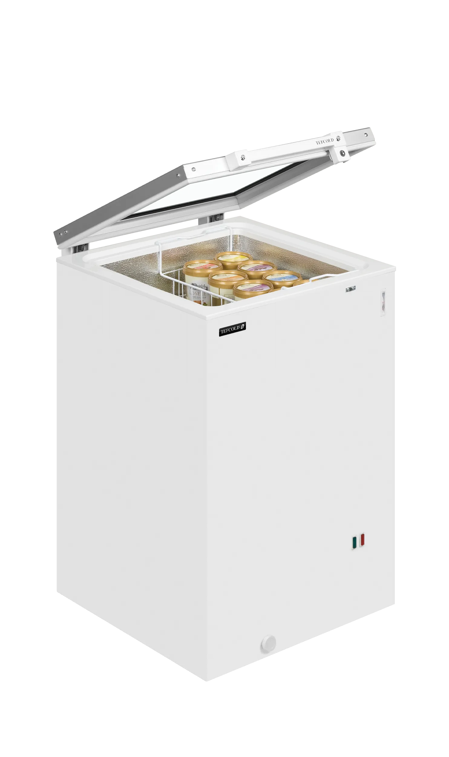 TEFCOLD ST160 Frysbox med öppet lock och glassförvaring.