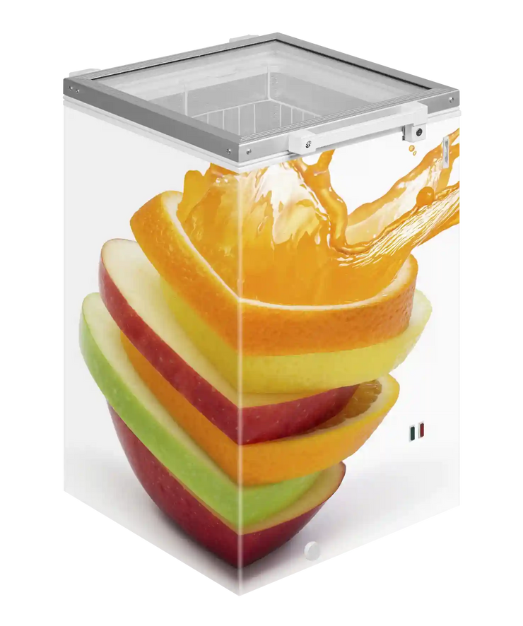 TEFCOLD ST160 Frysbox med fruktmotiv på utsidan.