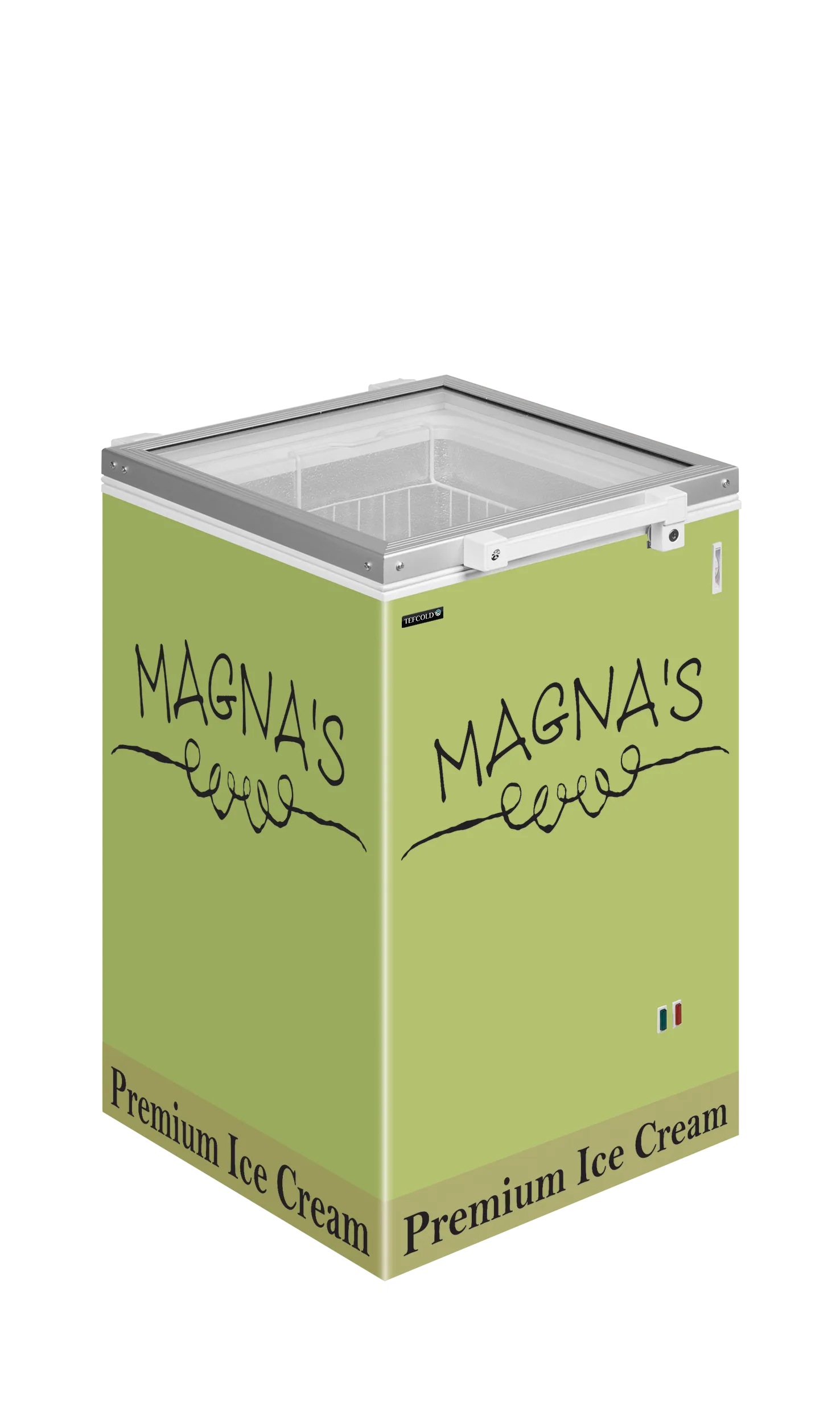 TEFCOLD ST160 Frysbox med grön reklamdesign.