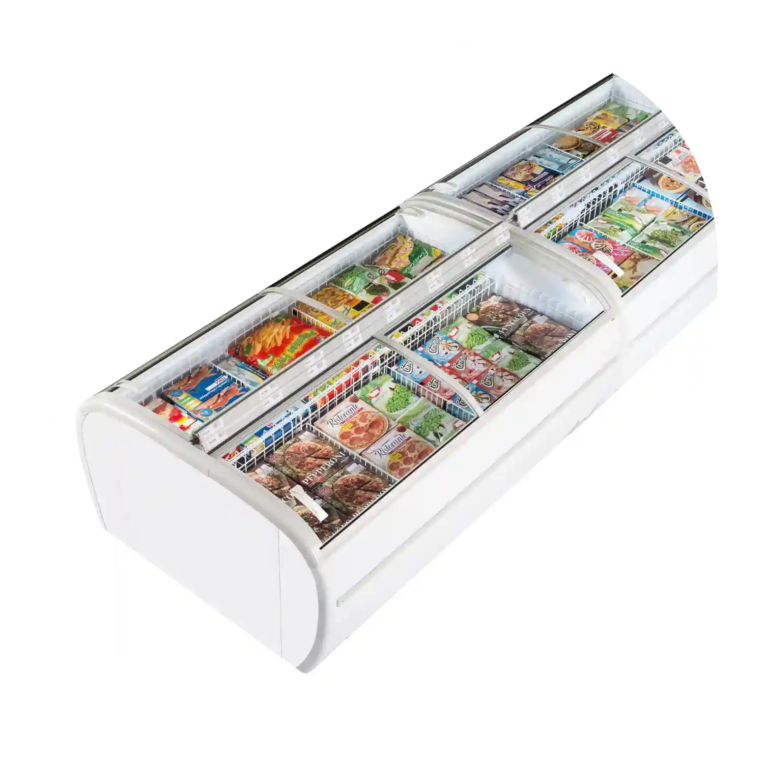 TEFCOLD TWIN 220-F Frysbox med dubbla glaslock och varor.