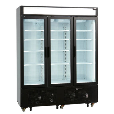 TEFCOLD UFSC1600GCP displayfrys med tre glasdörrar och LED-belysta hyllor