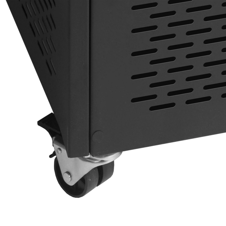 Närbild på hjul och ventilationsgaller på TEFCOLD UHD201 Black Frysgondol